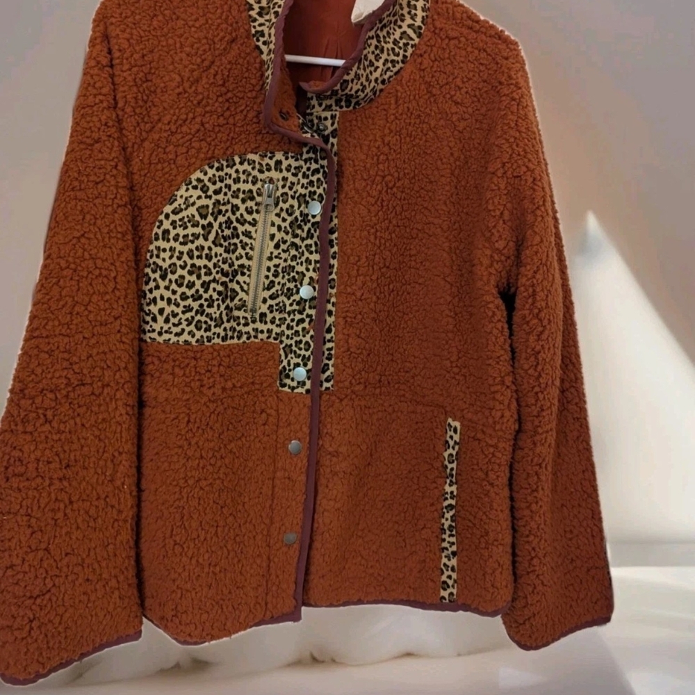 Mystree Rust Teddy Jacket with Leopard Detail